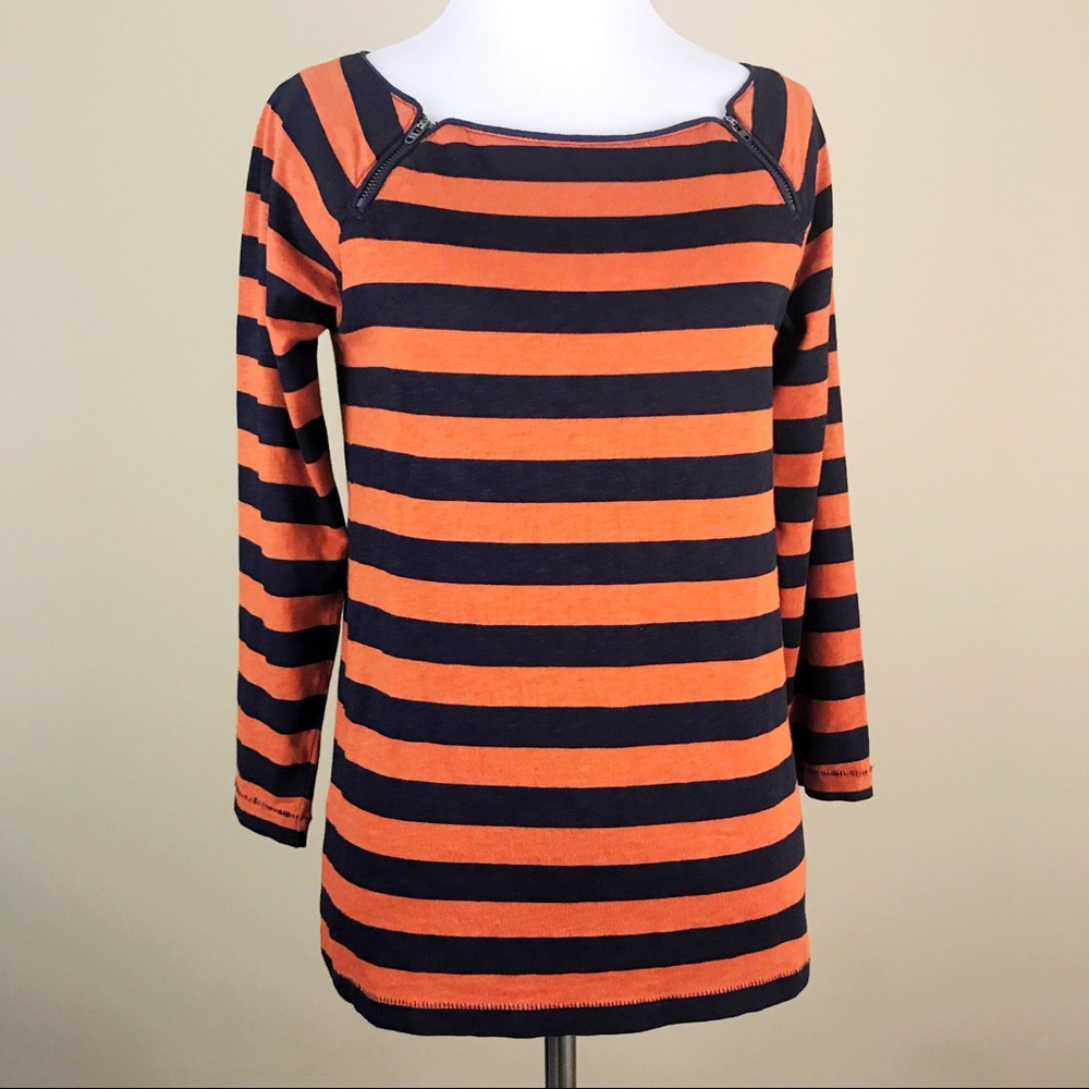 J Crew Striped Orange Navy Long Sleeve Top sz XS